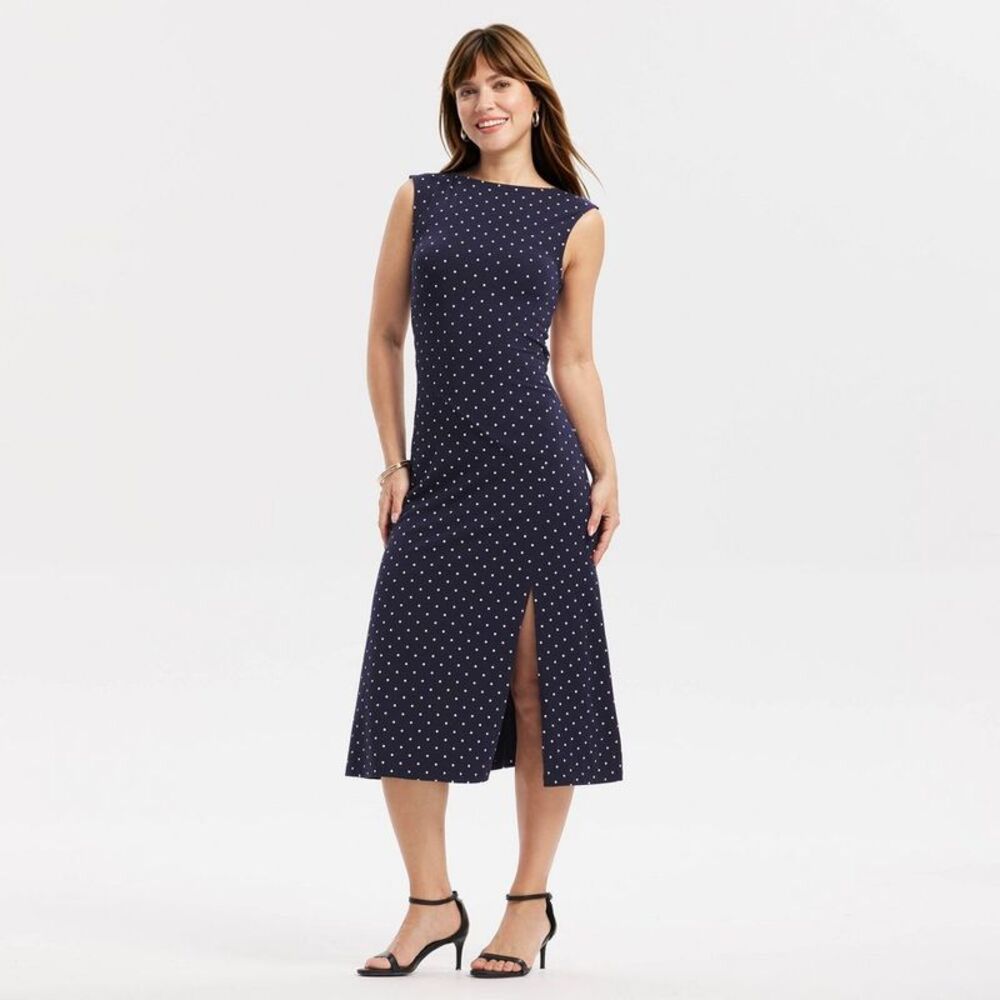 Women's Cutout Back Midi Dress - A New Day Navy Blue Polka Dots XS